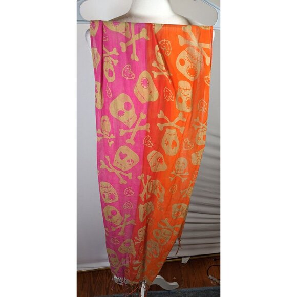 Gothic Voodoo Pink And Orange Skull Print Scarf With Fringe And Bead Accents - Picture 8 of 8